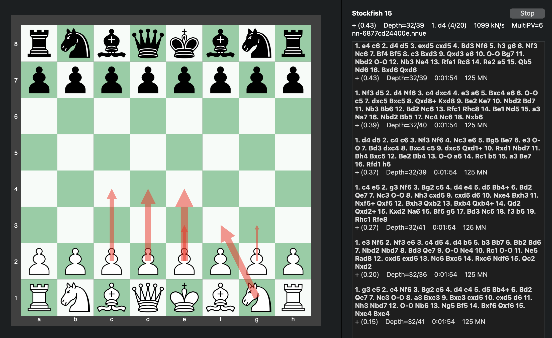 Stockfish analyzing the starting position on my laptop at around 1 million nodes per second.